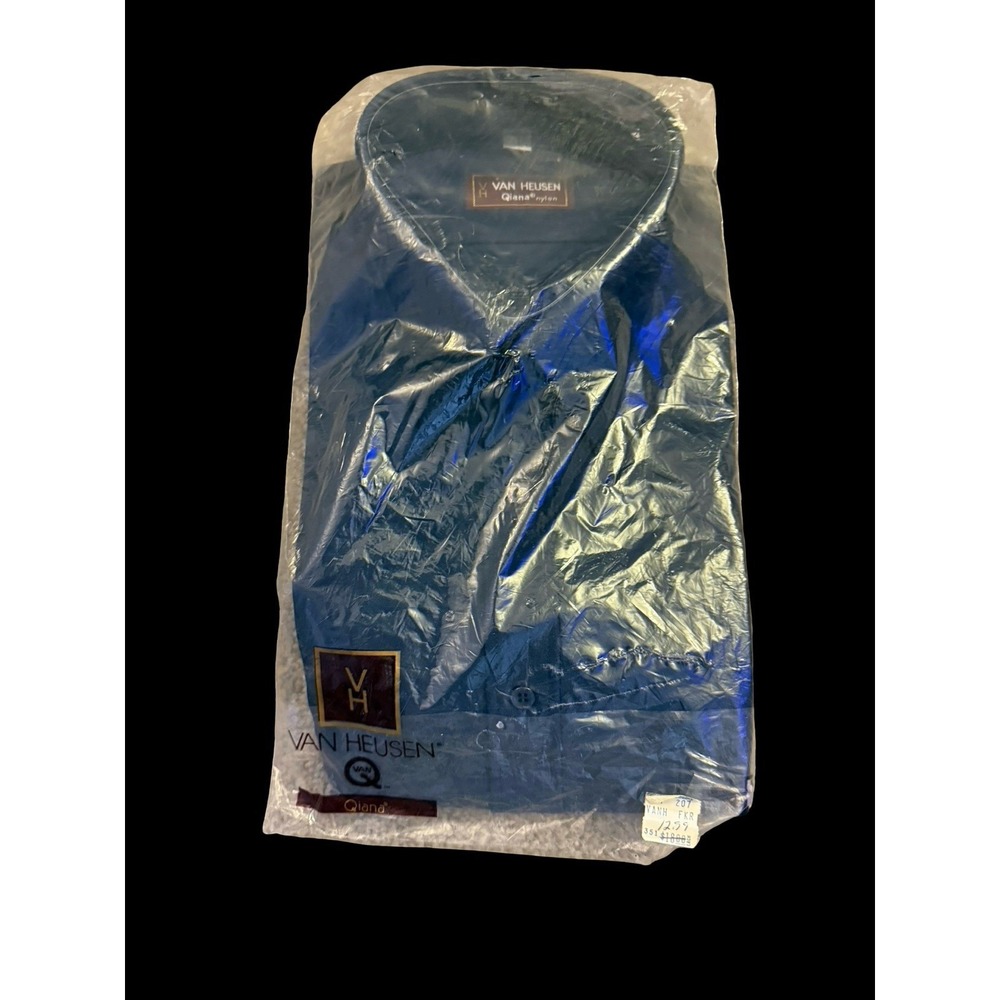 Van Heusen Vintage 70s 80s Qiana Nylon Dress Shirt Dark Blue Mens 16 NEW - Picture 2 of 3